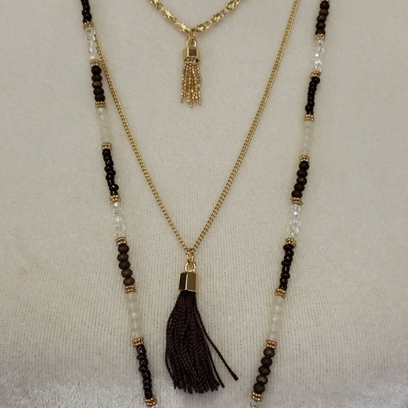 MULTI-MEDIA Tassle Necklace Gold & Brown Bead EUC - Picture 2 of 9